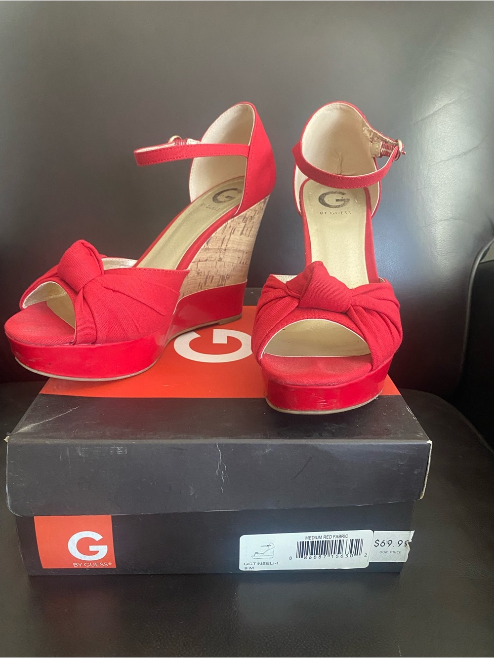 G by Guess Red Knotted Bow Platform Wedge Sandals